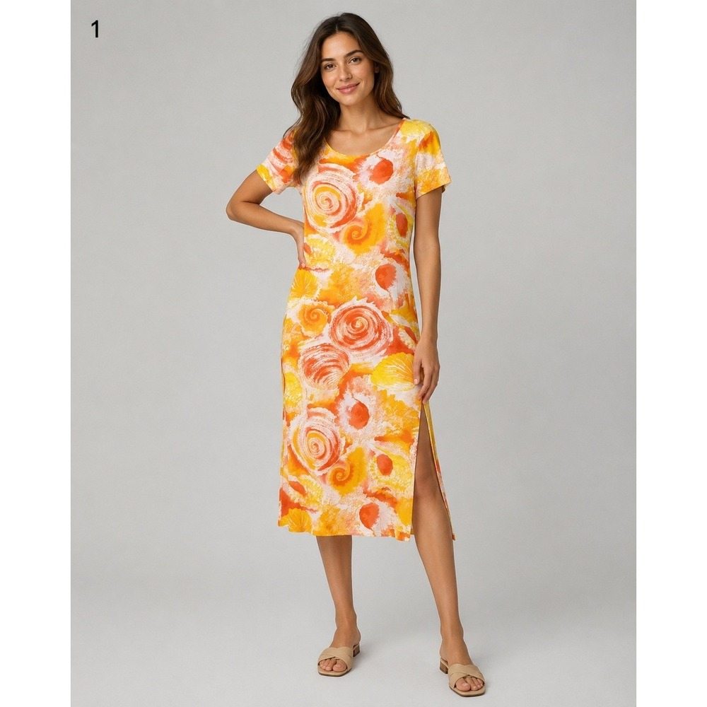 Vintage Escada Sport Dress Womens Medium Yellow Orange Watercolor Cotton